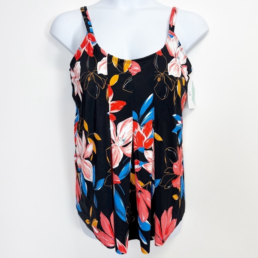 Swim Solutions Tankini Bikini Top Womens 20W Black Coral Floral Bust Support NWT